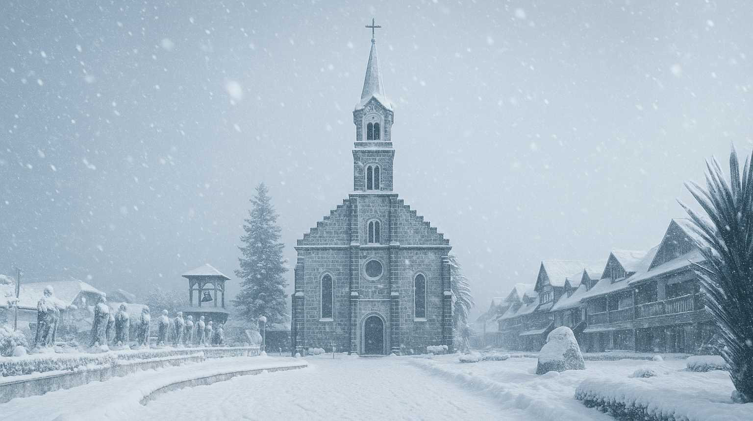 Imagem da Igreja São Pedro coberta por neve.