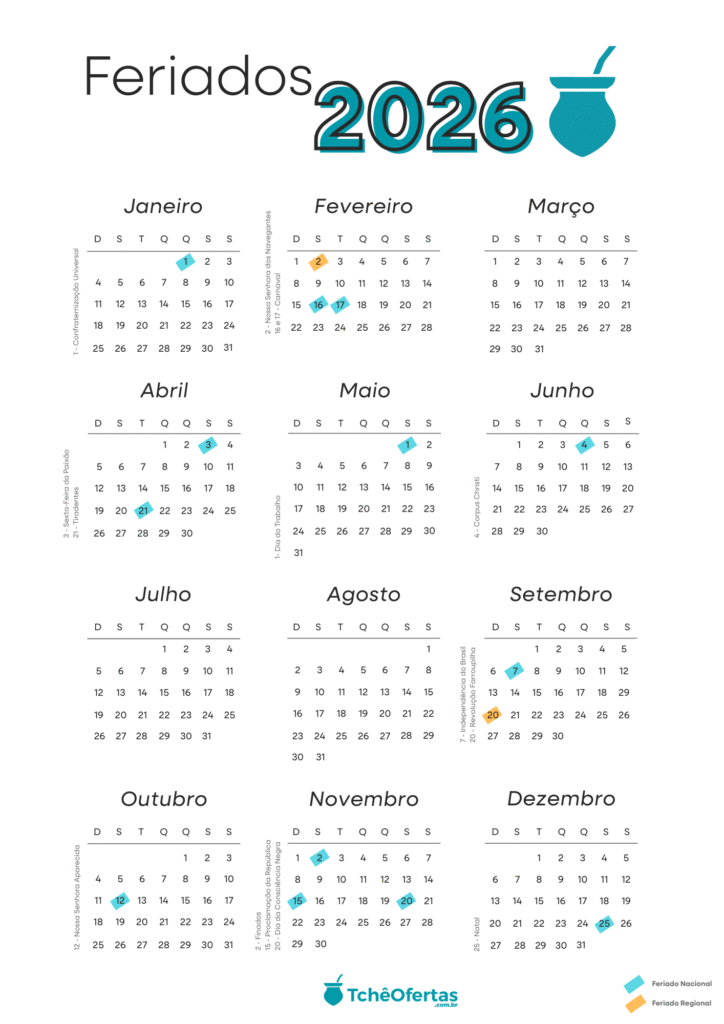 Calendário de Feriados 2026.